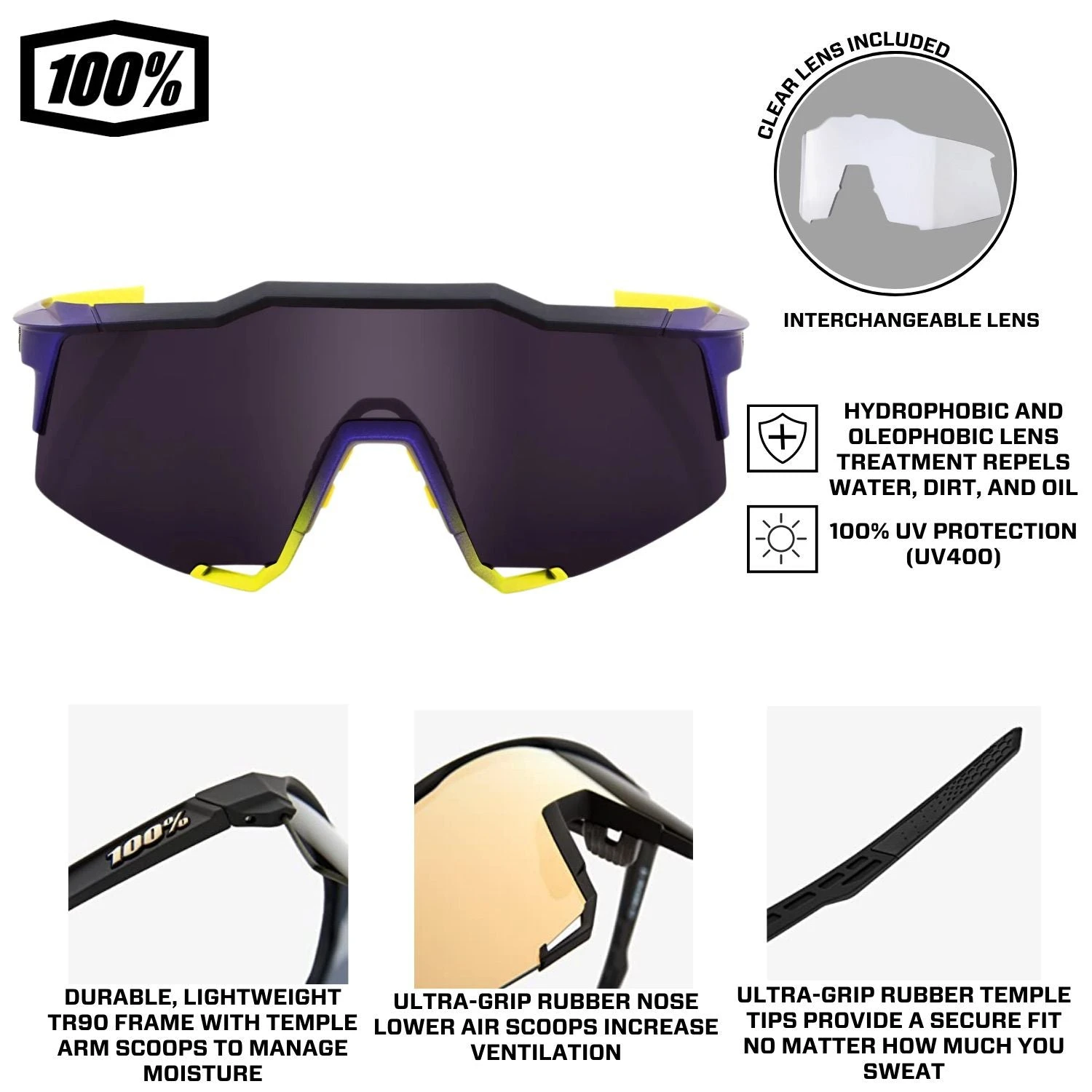 100% Speedcraft Sport Performance Baseball Sunglasses HD Interchangeable Lens (Dark Purple Lens) - Image 4