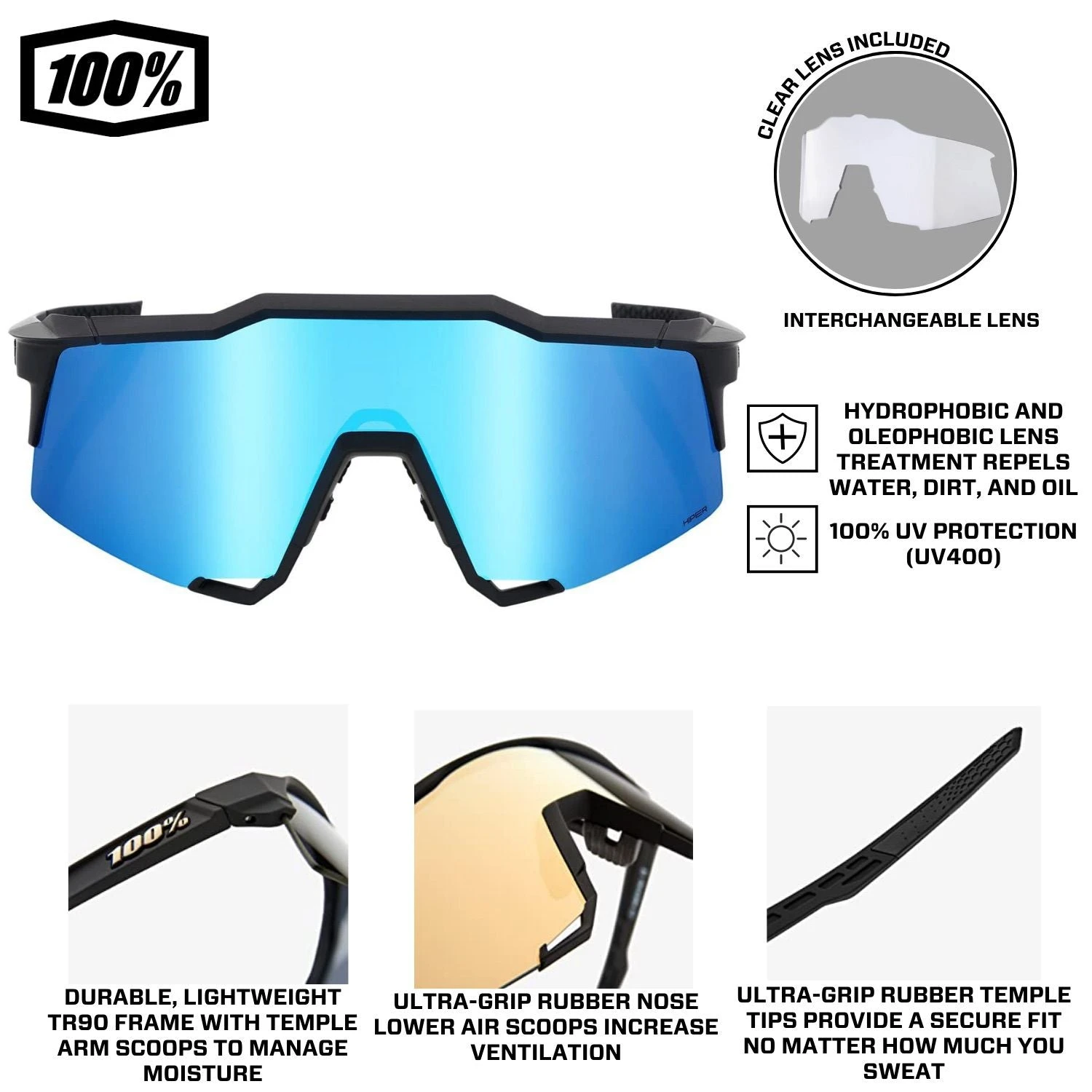 100% Speedcraft Sport Performance Baseball Sunglasses HD Interchangeable Lens (Matte Black - Blue Multilayer Mirror Lens) - Image 4