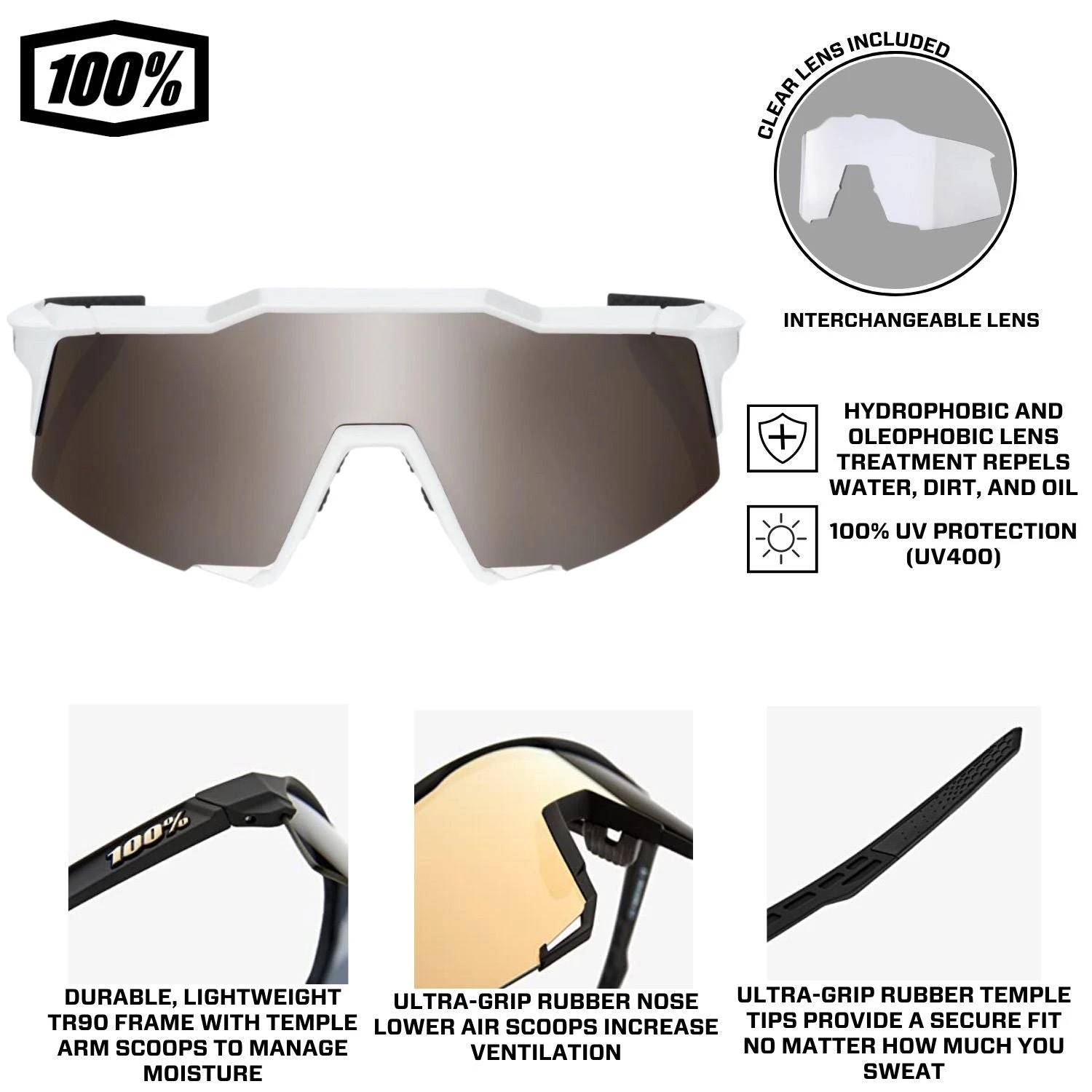 100% Speedcraft Sport Performance Baseball Sunglasses HD Interchangeable Lens (Matte White/Silver Mirror Lens) - Image 4