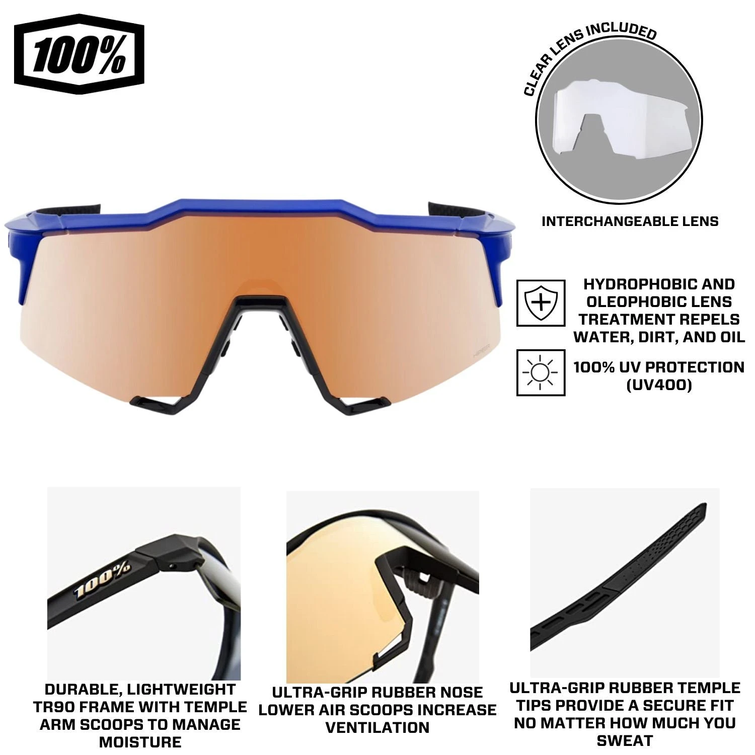 100% Speedcraft Sport Performance Baseball Sunglasses HD Interchangeable Lens (Gloss Cobalt Blue - Copper Mirror Lens) - Image 4