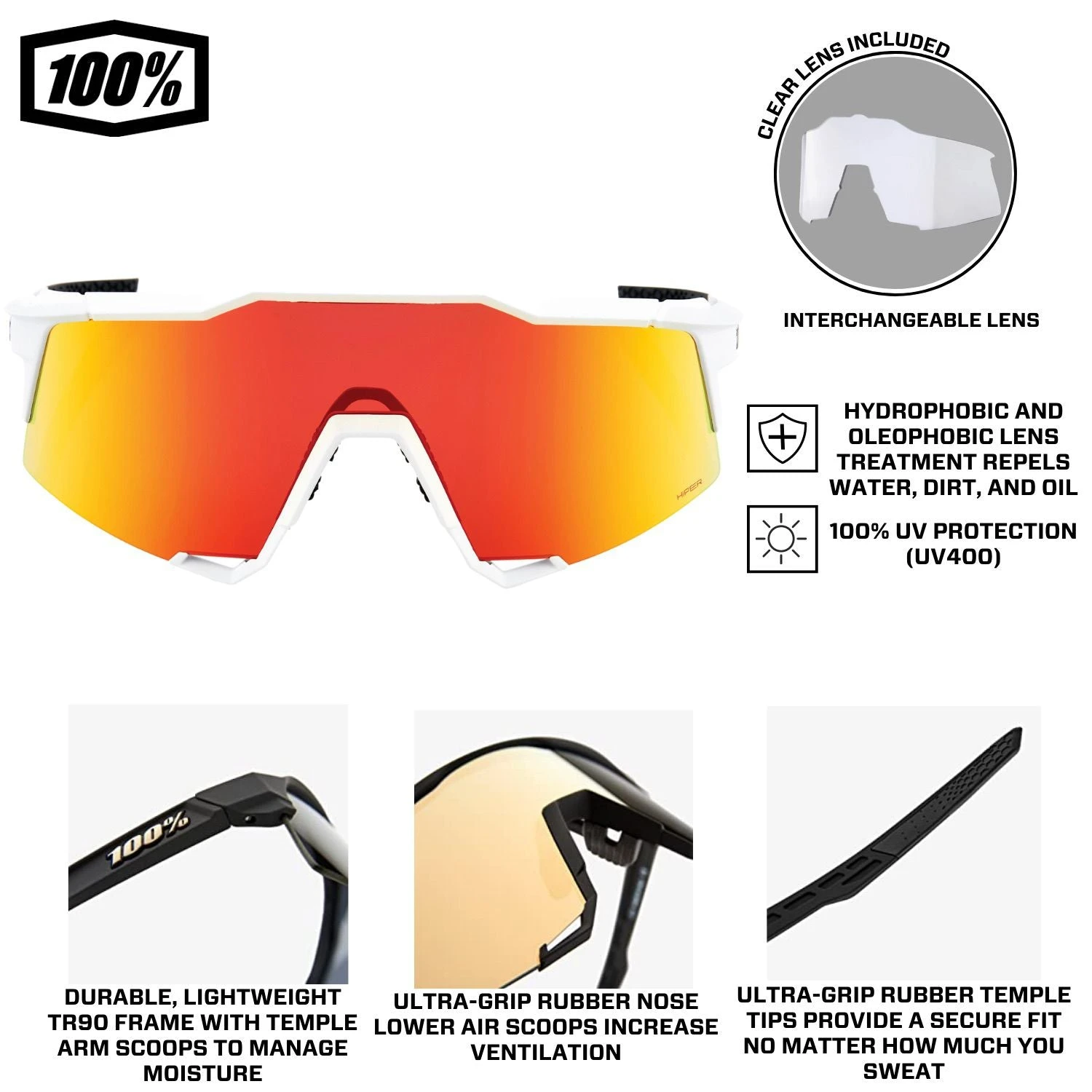 100% Speedcraft Sport Performance Baseball Sunglasses HD Interchangeable Lens (Off White/Red Multilayer Mirror) - Image 4