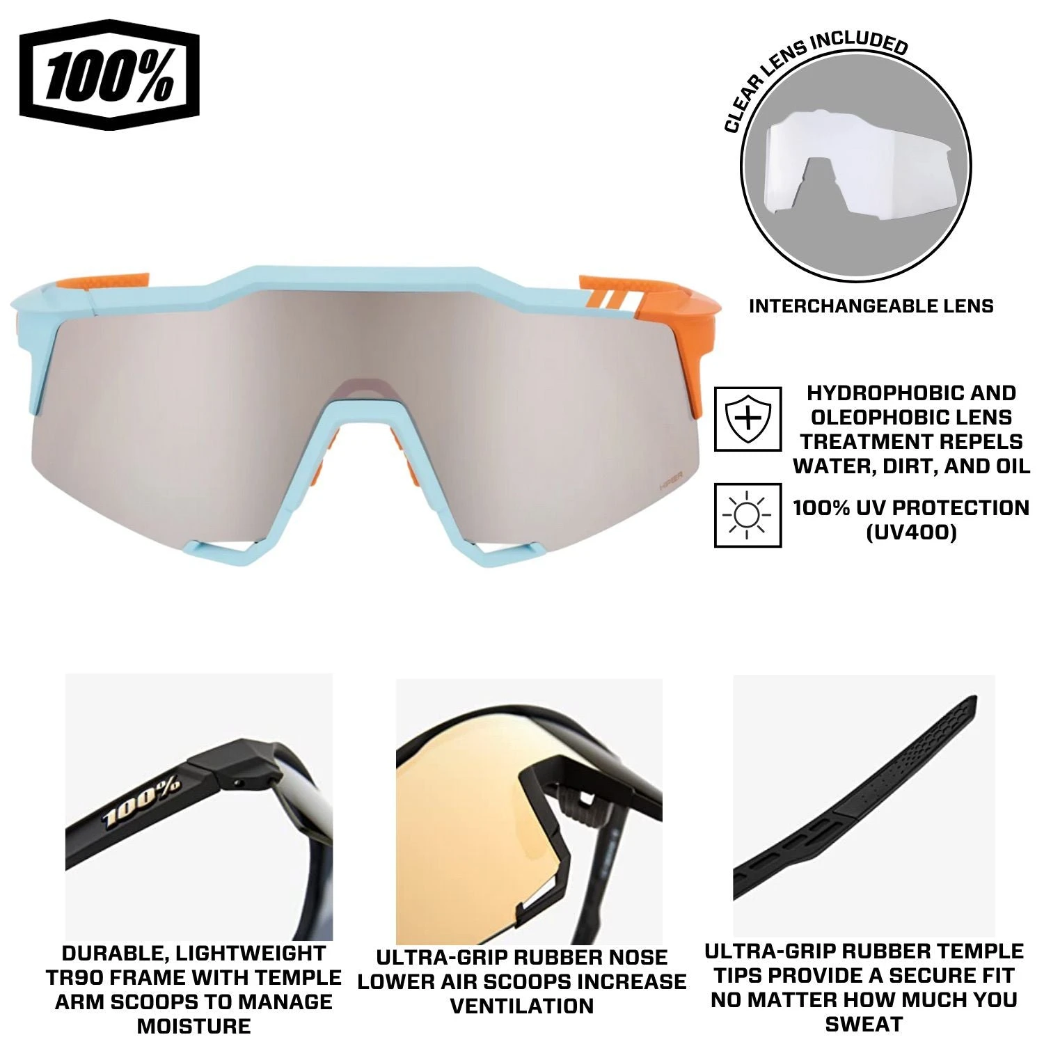 100% Speedcraft Sport Performance Baseball Sunglasses HD Interchangeable Lens (Two Tone - Silver Mirror Lens) - Image 4