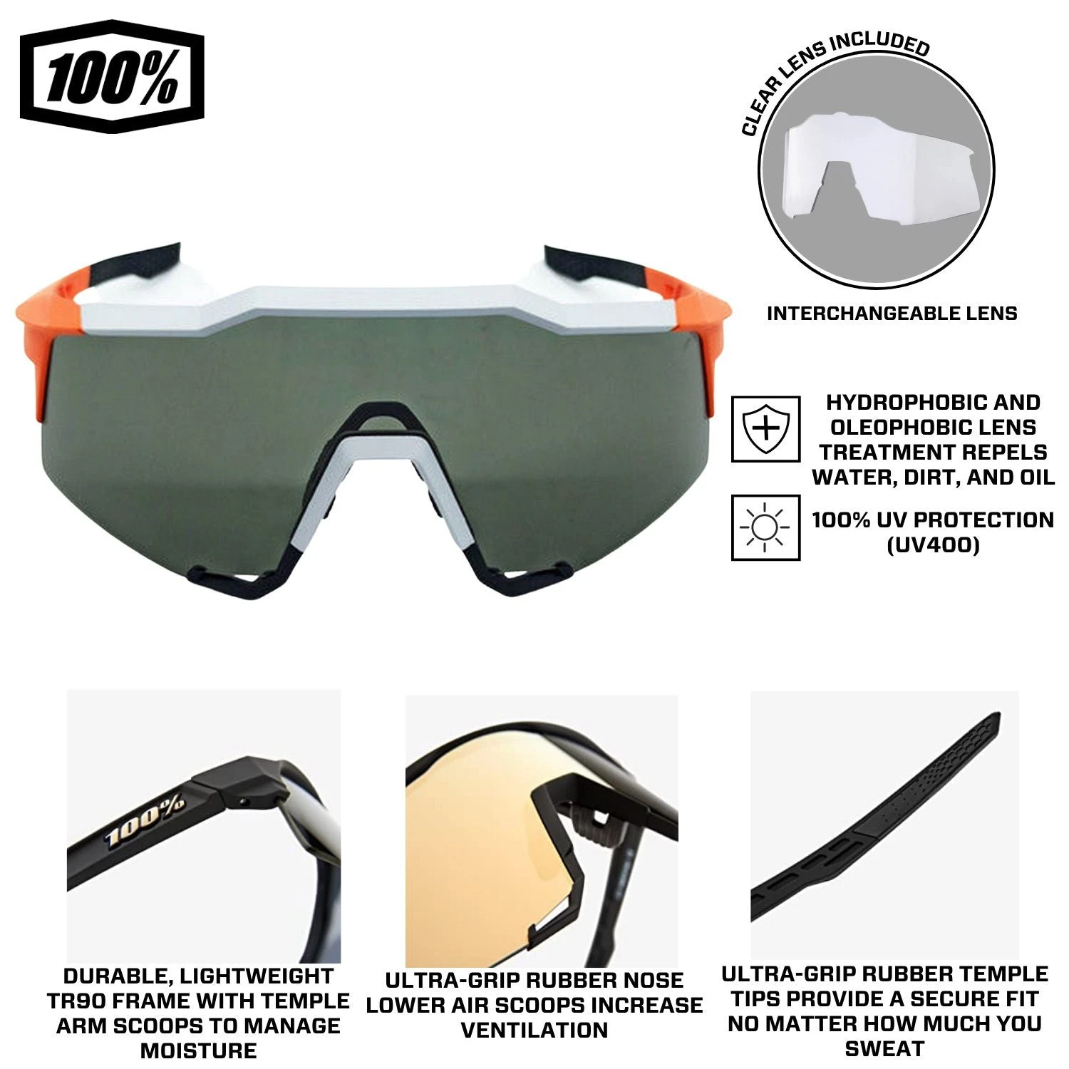 100% Speedcraft Sport Performance Baseball Sunglasses HD Interchangeable Lens (Soft Tact Oxyfire - Smoke Lens) - Image 3