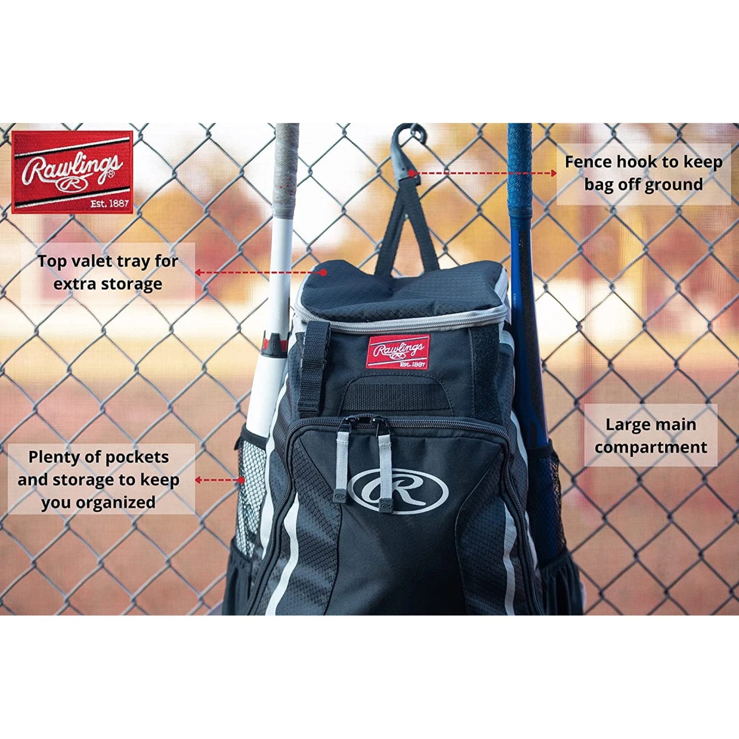 Rawlings R500 Baseball Batting Bat Pack Bag (Navy) - Image 7