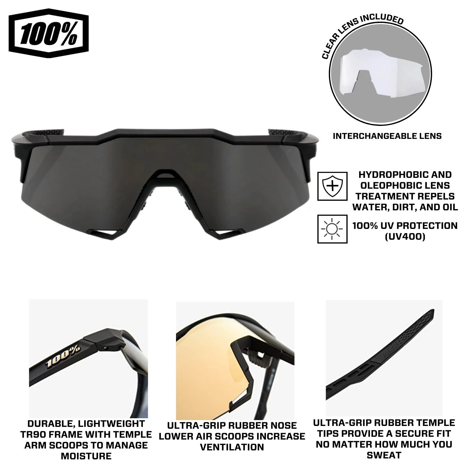 100% Speedcraft SL Performance Vented Baseball Sport Sunglasses (Black Smoke) - Image 7
