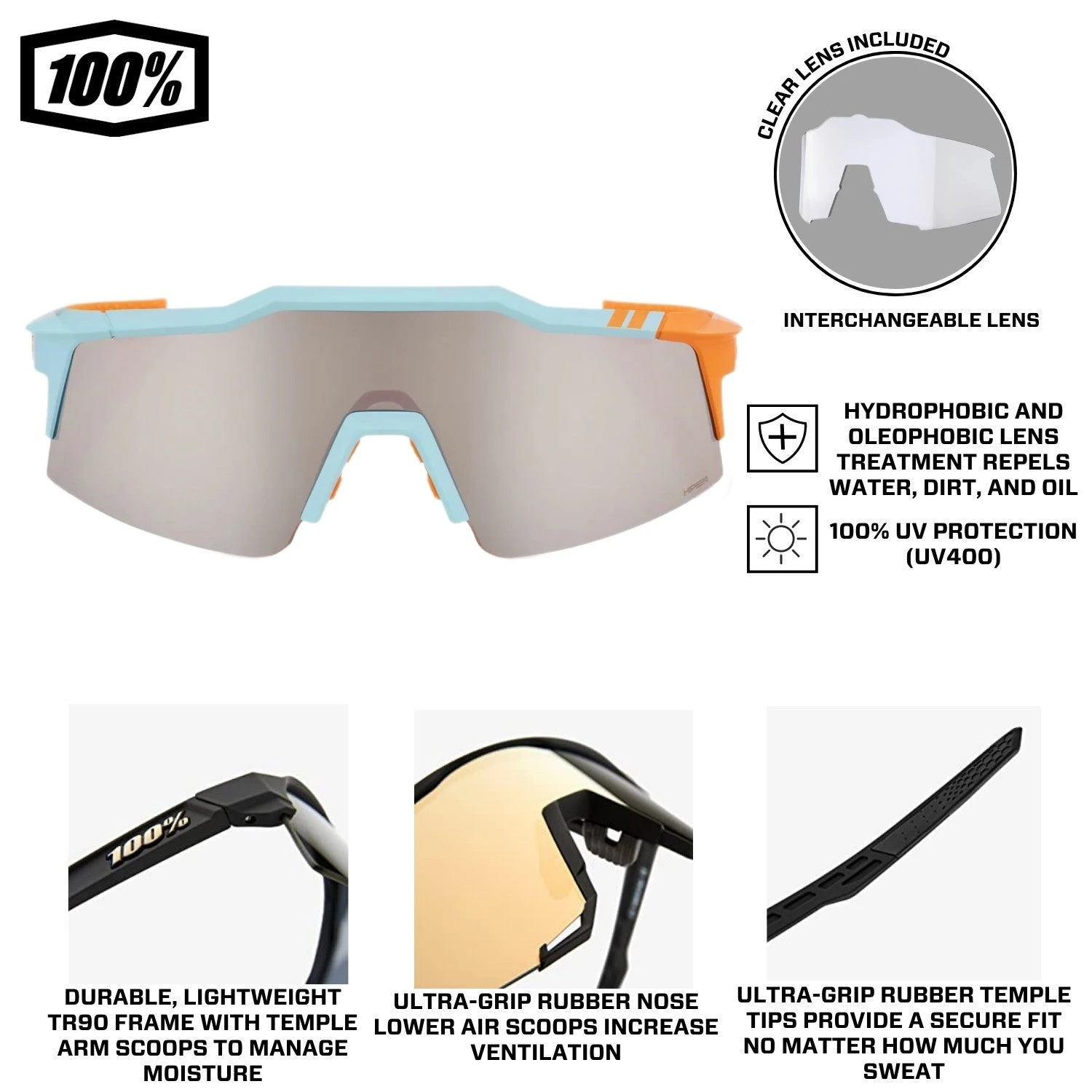 100% Speedcraft XS Performance Vented Baseball Sport Sunglasses (Soft Tact Two Tone - HiPER Silver Mirror Lens) - Image 7