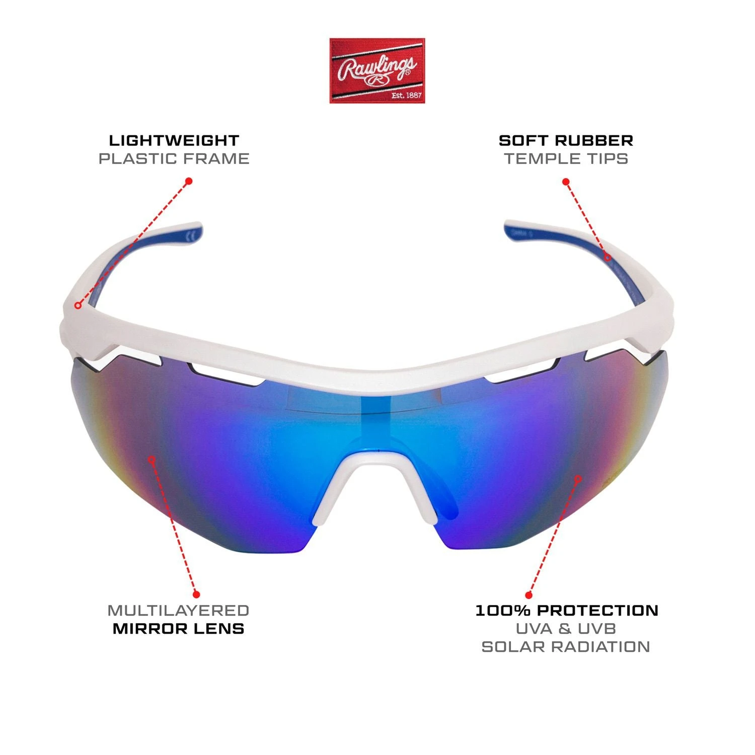 Rawlings Adult Sport Baseball Sunglasses Lightweight Stylish 100% UV Poly Lens (White/Blue) - Image 4