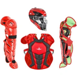 All-Star System 7 Axis Intermediate Baseball Catcher's Set, Chest Protector Helmet Leg Guards (Scarlet/Black)