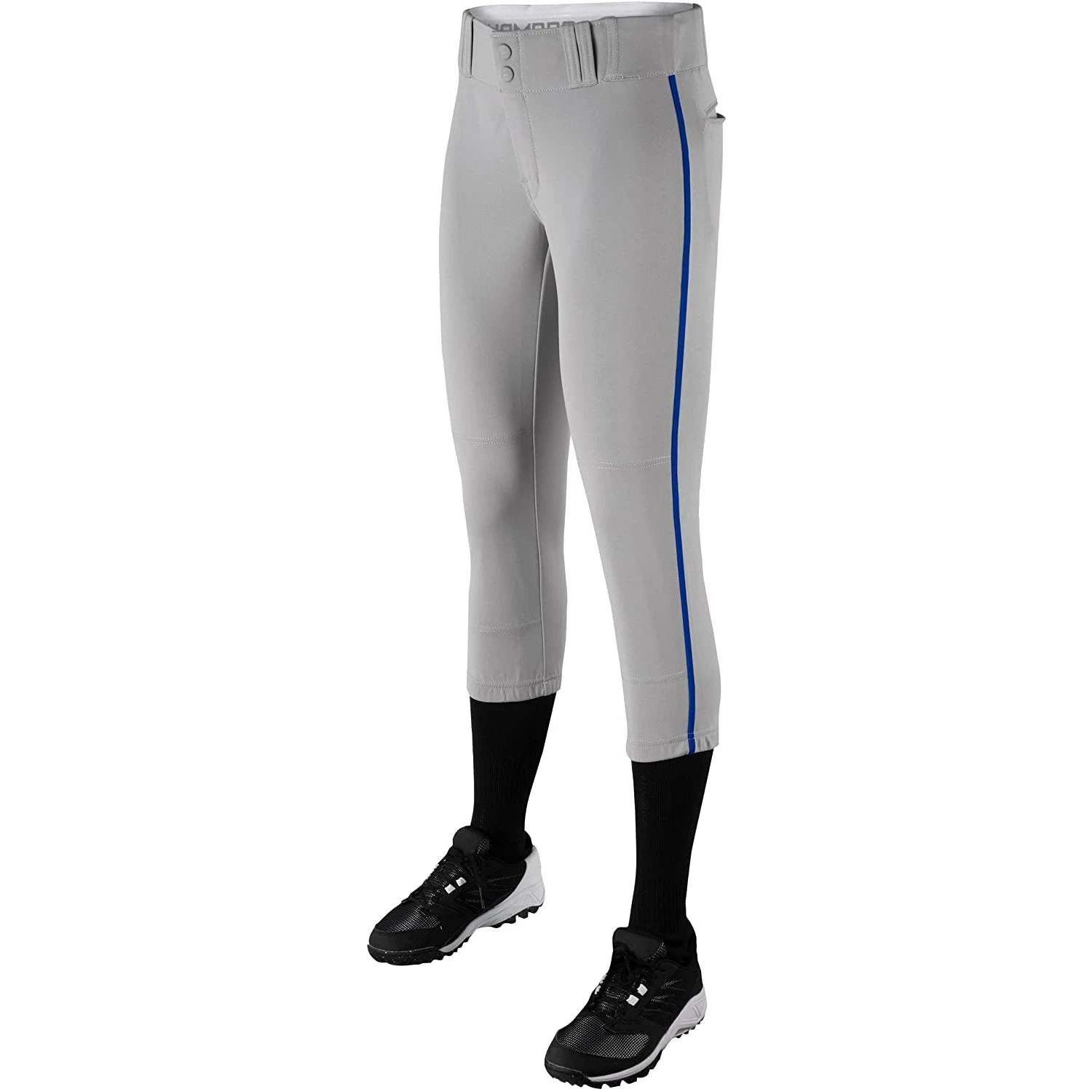 Champro Tournament Traditional Low Rise Girls Fastpitch Softball Pants W/ Braid (Gray/Royal) - Image 2