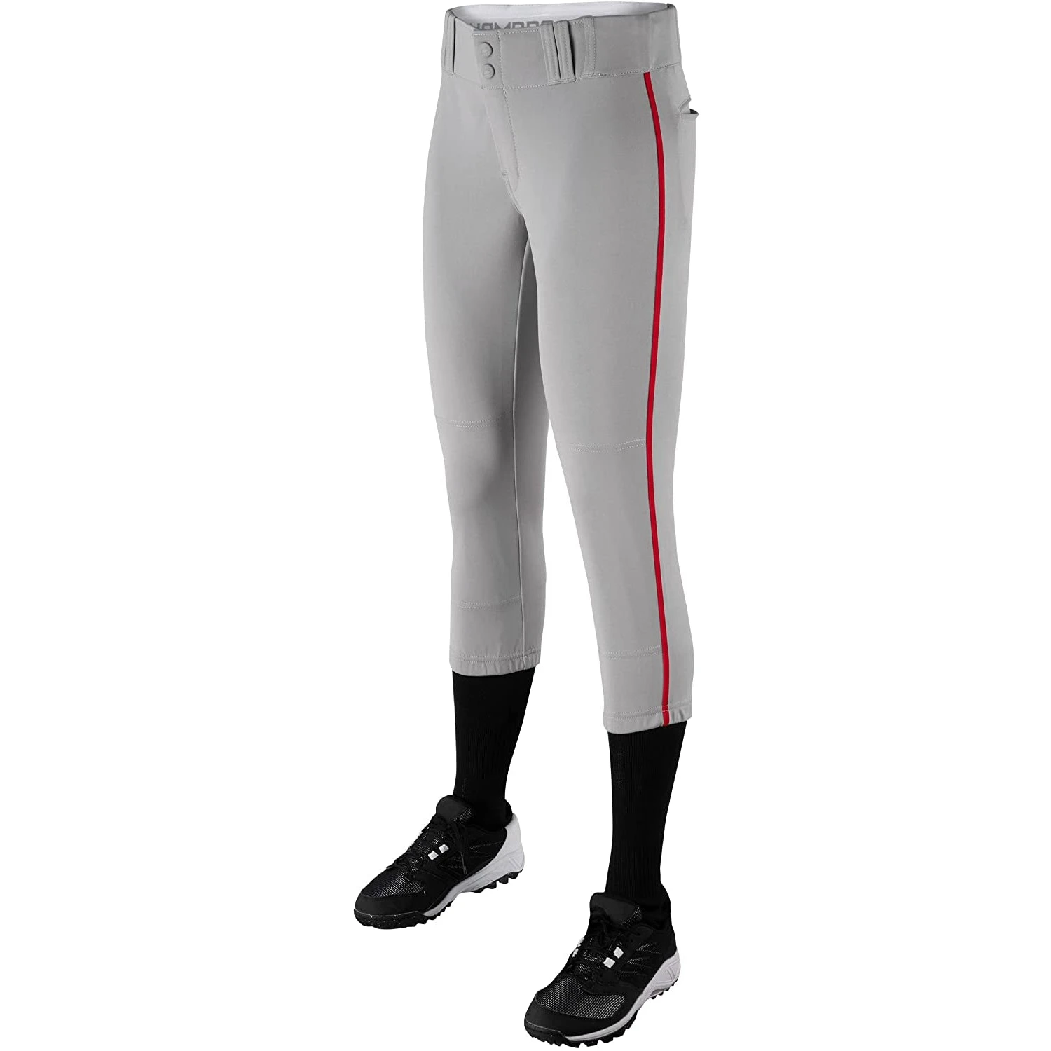 Champro Tournament Traditional Low Rise Womens Fastpitch Pants W/ Braid (Gray / Scarlet) - Image 2
