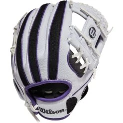 Wilson A200 EZ Catch Series 10" Youth Girls Baseball Glove Left Hand Throw (White/Black/Purple)